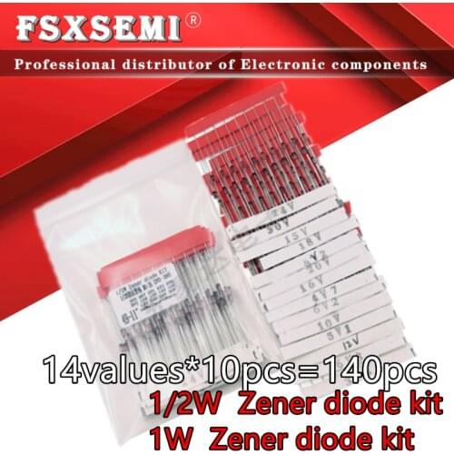 14values*10pcs=140pcs 1/2W 0.5W 1W Zener diode kit DO-41 3.3V-30V 3V3 3V9 4V7 5V1 6V2 10V 12V 20V 24V component diy kit