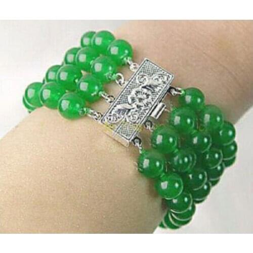 4 Rows 8mm Emeralde Green Jade Beads Flower Clasp Women Bangle Bracelet