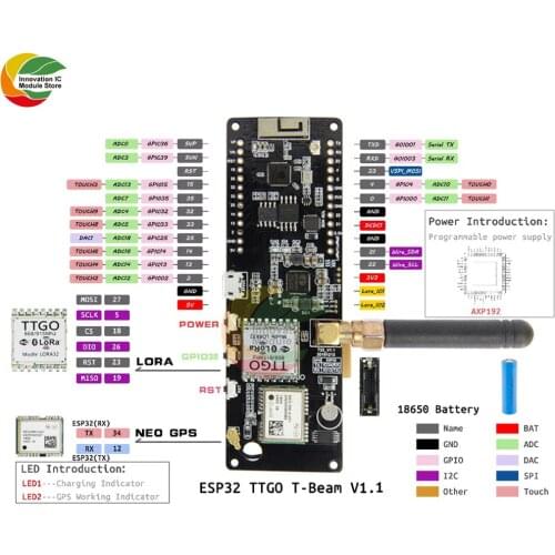 Ziqqucu TTGO T-Beam V1.1 ESP32 433/868/915/923Mhz WiFi Bluetooth Module GPS NEO-6M SMA 18650 Battery Holder w/ OLED for Anrduino
