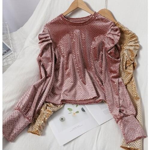 Women Sweet Temperament Shine Sequins Blouse O-Neck Tops Autumn Clothes All-match Korean Style Puff Long Sleeves Female GX1167