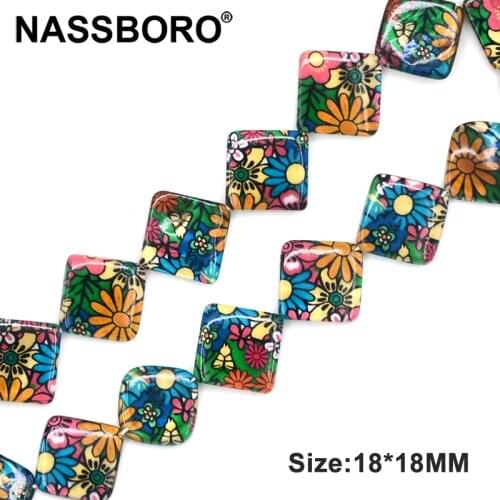 Approx.16pcs 18mm Square Shape Printed Flowers Natural Shell Beads Loose Stone Beads For Jewelry Making Bracelet Necklace DIY