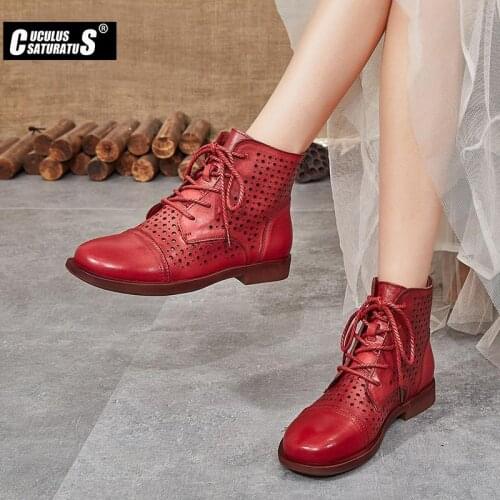 Cuculus Vintage Style Genuine Leather Women Boots Flat Booties Soft Cowhide Womens Shoes Front Zip Ankle Boots zapatos mujer