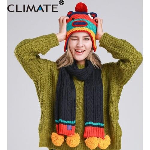 CLIMATE Women Winter Scarf And Hat Set Girls Winter Lovely Warm Knit Pompom Hat Scarf Set Cartoon Pompon Funny Warm Set