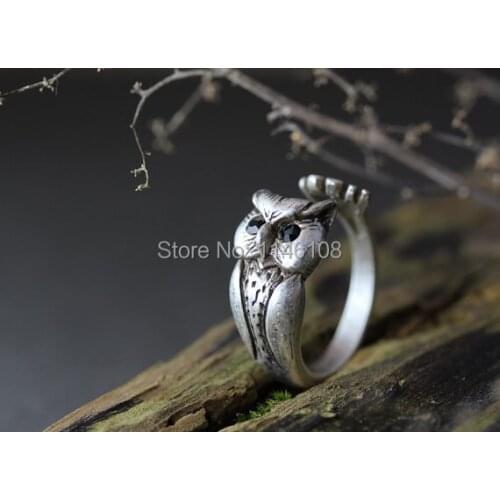 Lucky Owl Ring Womens Girls Retro Burnished Animal Bird Ring Adjustable Free Size Ring Black Crystal