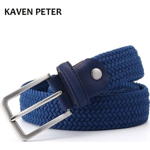 Men Blue Elastic Stretch Waist Belt Canvas Stretch Braided Elastic Woven Leather Belt 1-3/8" Wide Hot Metal Stretch Belt For Men