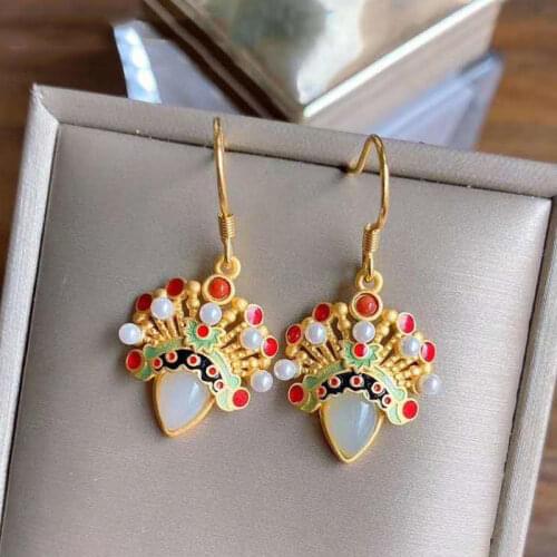 Original design natural Hetian white jade earrings wind Earrings Chinese retro palace style Peking Opera Christmas gift