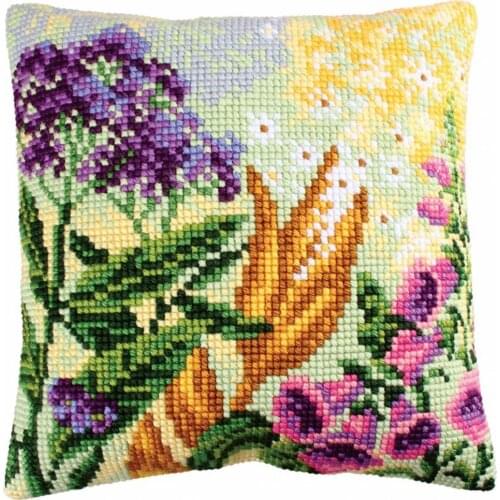 DIY Cross Stitch Cushion Front Garden Flowers Needlepoint Kits Printed Canvas Chunky Yarn Cross-stitch Pillow Case Arts & Crafts