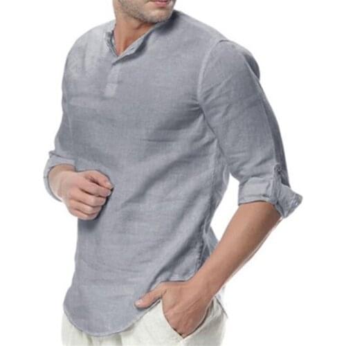 New Mens Casual Summer Solid Color Shirts Camisa Masculina Mens Cotton Shirt Fashion Loose V Neck Tops Men