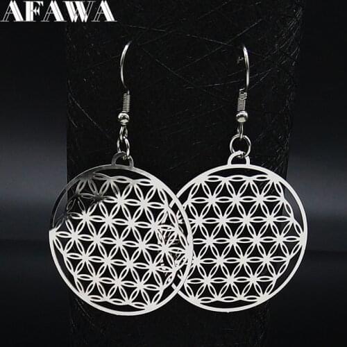 Flower of Life Stainless Steel Dangle Earrings Women Silver Color Earring Jewelry joyas de acero inoxidable para mujer E1558S02