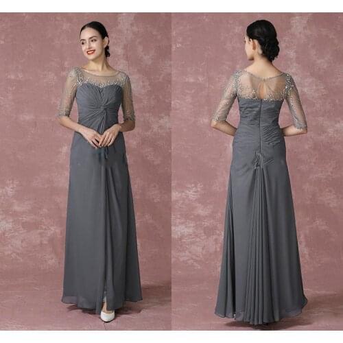 Grey Empire Mother Of The Bride Dresses Appliques Beads Half Sleeve Evening Dress A Line Chic Wedding Guest Gowns