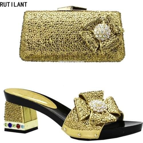 Afrocan Wedding Shoes and Bag Set Decorated with Rhinestone Women Italian African Party Pumps Shoes and Bag Nigerian Shoes Bag