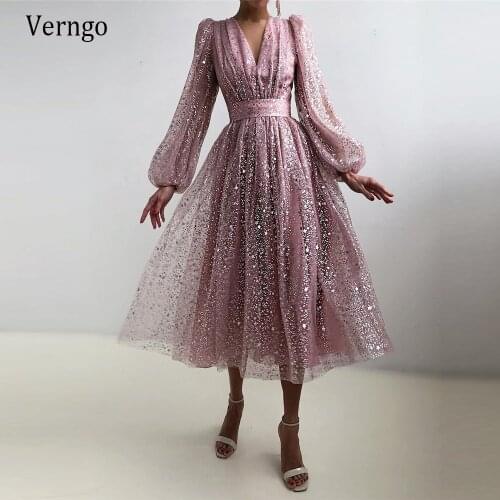 Verngo 2021 Shimmer Dusty Pink A Line Evening Party Dresses Puff Long Sleves V Neck Mini Prom Gowns Tea length Formal Dress