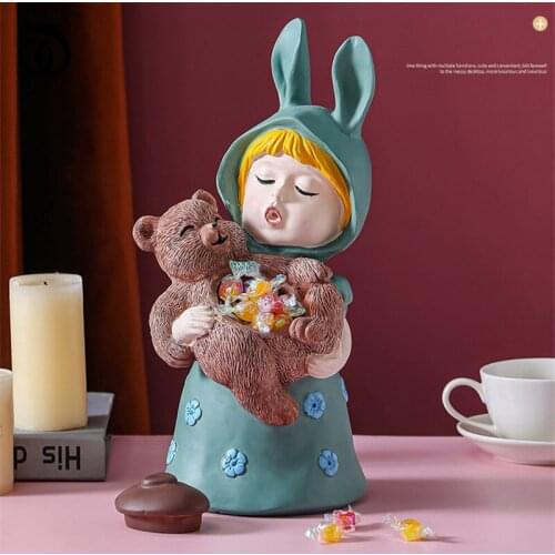 WU CHEN LONG Luxurious Rabbit Girl Art Sculpture Bear Flower Figure Storage Box Statue Resin Craft Home Decorations Gift R6771