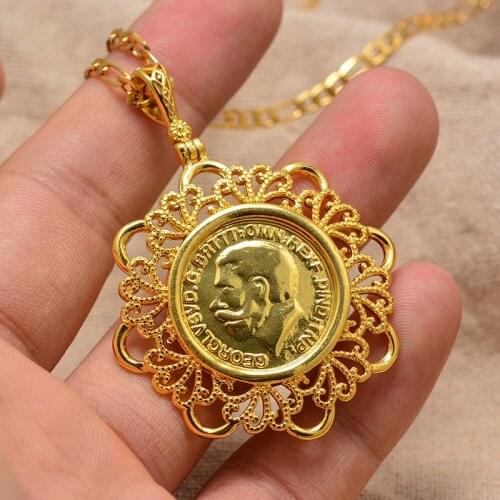 Annayoyo Gold Color United kingdom George V Coronation Jewelry Gold Necklace Pendant For Women Man Commemorative Jewelry