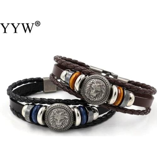 YYW Handmade Multilayer Retro Leather Woven Charm Rock Bracelet Men Vintage Braided Bangles Lion Men Jewelry Pulseira Feminina