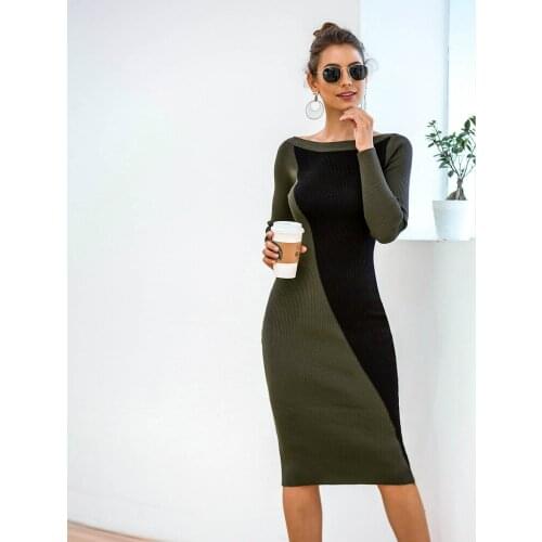 2020 Pullover Sweater Woman Dress Female Autumn Long Sleeve Knee-length Patchwork Knitted Sweaters Pencil Dresses Women Vestidos