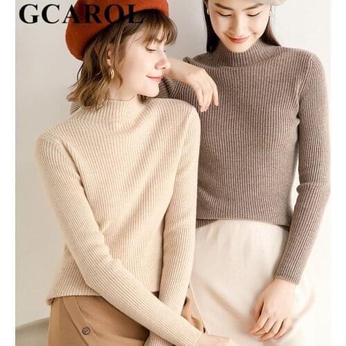 GCAROL Women Stand Collar 30% Wool Sweater Striped Jacquard Slim Fit to Body Jumper Fall Winter Minimalism Plus SIze 2XL Top