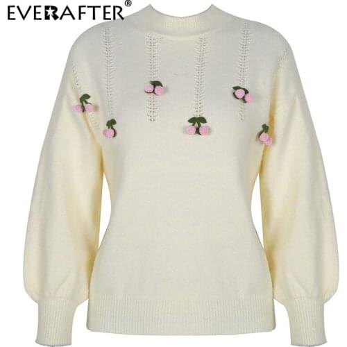 EVERAFTER Elegant O-neck Cherry wool ball womens sweater Lantern Sleeve autumn winter knitted sweater pullover jumpers 2020