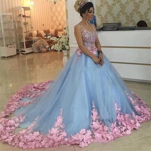 2020 Ball Gown Light Sky Blue Quinceanera Dresses Pink 3D Flowers Appliques V-Neck Sleeveless Special Party Gowns For Sweet 16