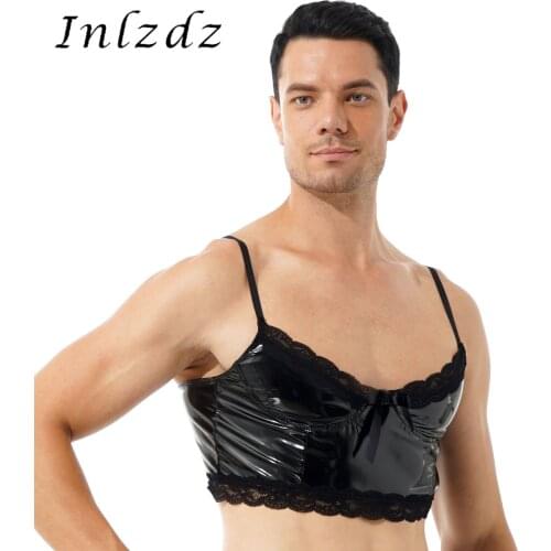 Lingerie Mens Sissy Vest Tops Patent Leather Punk Gothic Lace Trim Bowknot Sleeveless Crop Top for Rock Concert Night Club