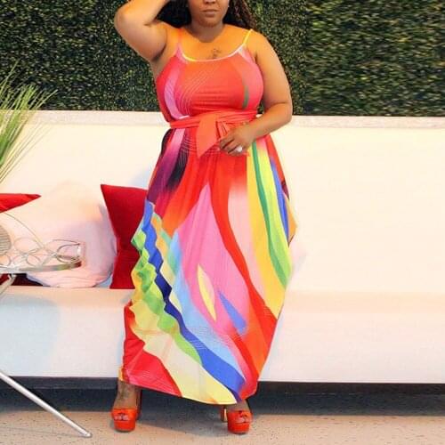 Plus Size Spaghetti Strap Dresses for Womens Red Printed High Waisted Loose Ankle Length Elegant Evening Night Party Vestidos