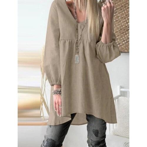 2021 New Fashion Ladies Loose Dress Pure Color V-Neck Long Sleeves High And Low Hem Irregular Casual Shirt Dresses Daily Wear