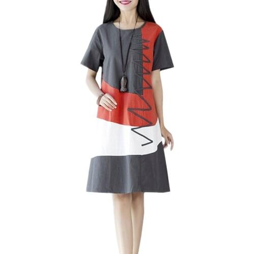 New 2020 Summer Dress Women Short sleeve O neck Patchwork A-Line Casual Midi Cotton Linen Dress Loose Plus Size Ladies Dresses