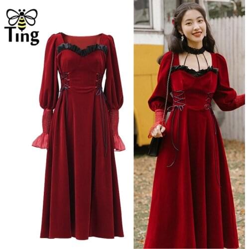 Tingfly Victorian Vintage Ruched Square Collar Red Velvet A Line Dress Soft Egirl Lace Up High Waist Vestidos Elbise Midi Long
