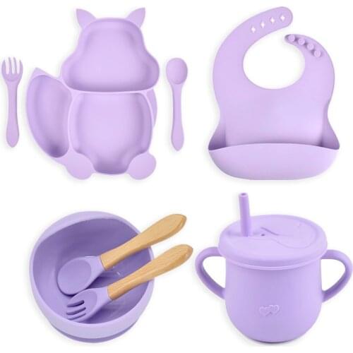 8PCS/Set Cute Silicone Baby Plate Bowl And Training Cup Wooden Spoon Forks Set Suction Kidss Tableware Baby Dishes Baby Stuff