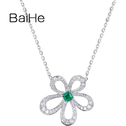 BAIHE Solid 18K White Gold 0.30ct Natural Emerald 0.50ct Natural Diamonds Fine Jewelry Wedding collar Flower Necklaces Women