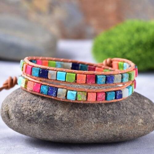 Rainbow Natural Stone Wrap Bracelets Handmade Mothers Day Gift Set Chakra Women Jewelry Bohemian Boho Fashion Accessories