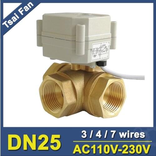 Tsai Fan Motorized Valve TF25-BH3-C 3 Way T/L Type Brass 1'' DN25 Horizontal Valve AC110V-230V 3/4/7 Wires For Flow Control