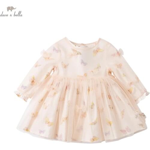 DBZ16656 dave bella spring baby girls cute cartoon mesh dress children fashion party dress kids infant lolita clothes 2pcs
