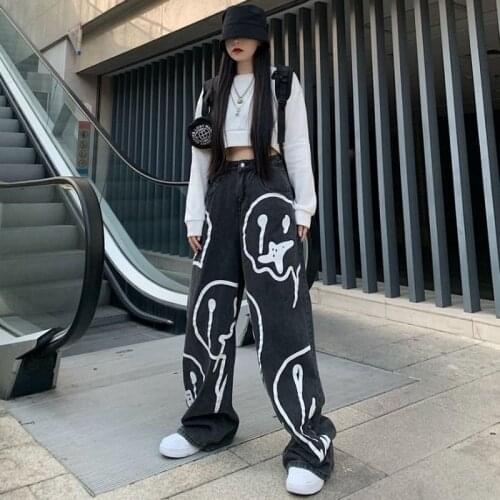 HOUZHOU Hip Hop Harajuku Jeans Women Vintage Wide Leg Denim Pants Loose Unisex Korean Fashion 2021 New Autumn Streetwear Ulzzang