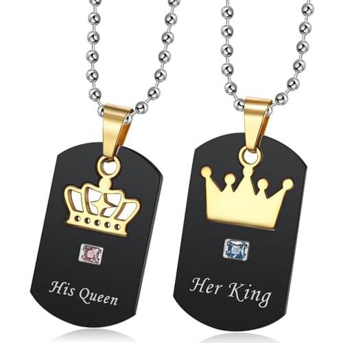 Her King His Queen Couple Necklaces with Crystal Black Stainless Steel Tag Pendant Necklace for Lover Jewelry Gift Dropshipping