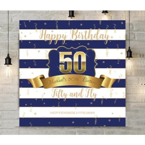 Custom Navy Blue And White Striped Sparkly 40th 50th Birthday backgrounds Computer print party backdrops