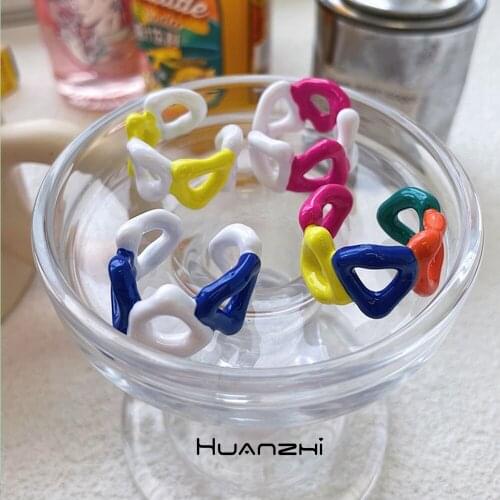 HUANZHI 2021 New Contrast Color Drip Oil Glaze Minimalist Chain Hollow Metal Open Rings for Women Girls Jewelry Gifts