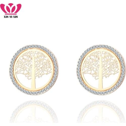 Small Round Crystal Tree Of Life Earrings For Women Rose Gold Silver Color Tree Earrings Delicate Femme Earring Jewelry Gift