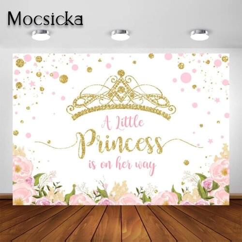 Mocsicka Crown Princess Baby Shower Backdrop Blush Pink Floral Glitter Girl Party Photoshoot Decoration Photography Background