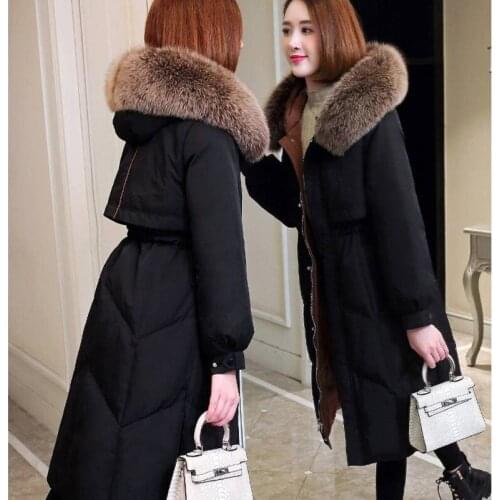 Fashion Winter Jacket Women Big Fur Hooded Thick Down Parkas X-Long Female Jacket Coat Slim Warm Winter Outwear 2020 Spring New