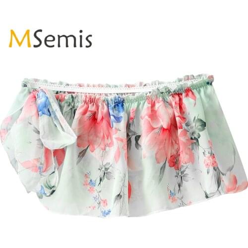 Mens Frilly Ruffle Side Lace-up Sissy Lingerie Skirt Erotic Sexy Floral Print Chiffon Skirted Briefs Nightwear Role Play Costume