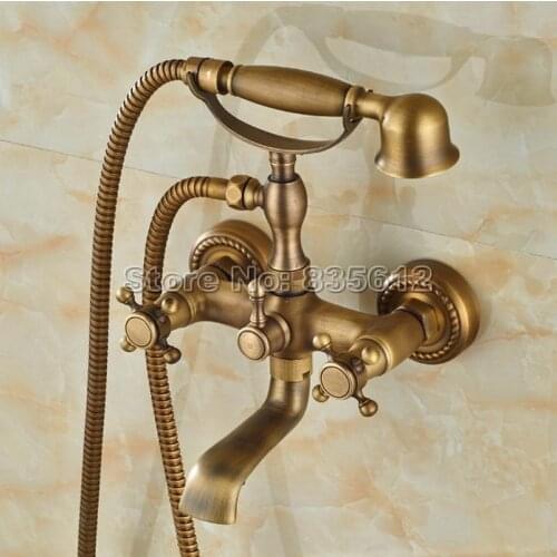 Wall Mounted Retro Antique Brass Dual Cross Handle Bathroom Tub Faucet Set with Handheld Shower Heads Wtf351