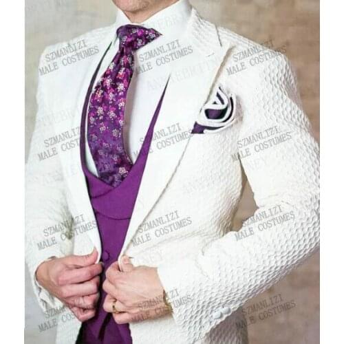 Newest Designs 2021 Mens Suits 3 Pieces Custom Made Groom Wedding Suit Tuxedo Slim fit Blazer Double Breasted Purple Vest Pants
