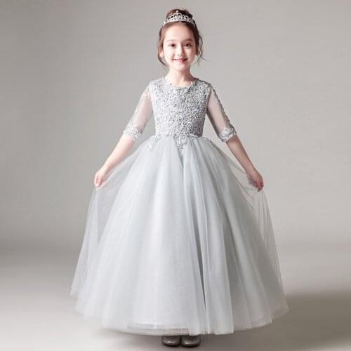 New Flower Girl Dress Gray A-Line Bow Sash Half Sleeve Solid O-Neck Girls First Communion Dress Hot Sale Vestido De Comunion