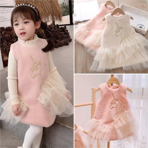 Girls Autumn Winter New Dress Princess Vest Dress Toddler Girl Plus Velvet Thick Unicorn Cartoon Dresses Toddler Vestido Outfits
