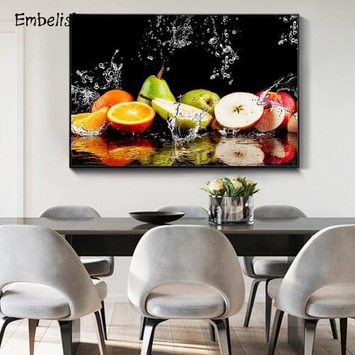 Hot Fashion Kitchen Home Decor Fruits Pictures For Living Room Splashing Water Pears Apples Orange Wall Posters Canvas Paintings