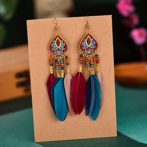 2020 Feather Dangle Earrings For Women Vintage Lotus Shape Chain Tassel Earrings Brincos Indian Jewelry