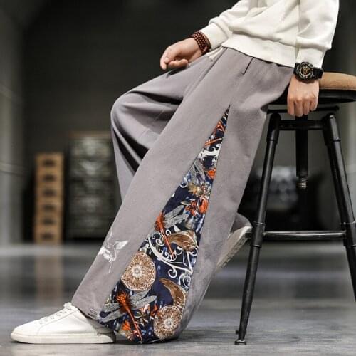 Embroidery Loose Straight Culottes Patchwork Casual Wide Pants Chinese Style Crane Plus Size Hanfu Oversized Hakama Men Trousers