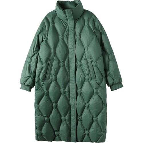 Lingge Down Jacket Women Iong White Duck 2020 New Style Stand-up Collar Fashion Thick Winter warm Wide-waisted Full