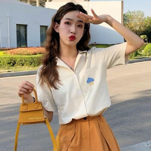 Women Retro Summer Embroidery Print Cotton Slim Short Sleeve Lapel Single Buckle Casual Blouse 5 Color